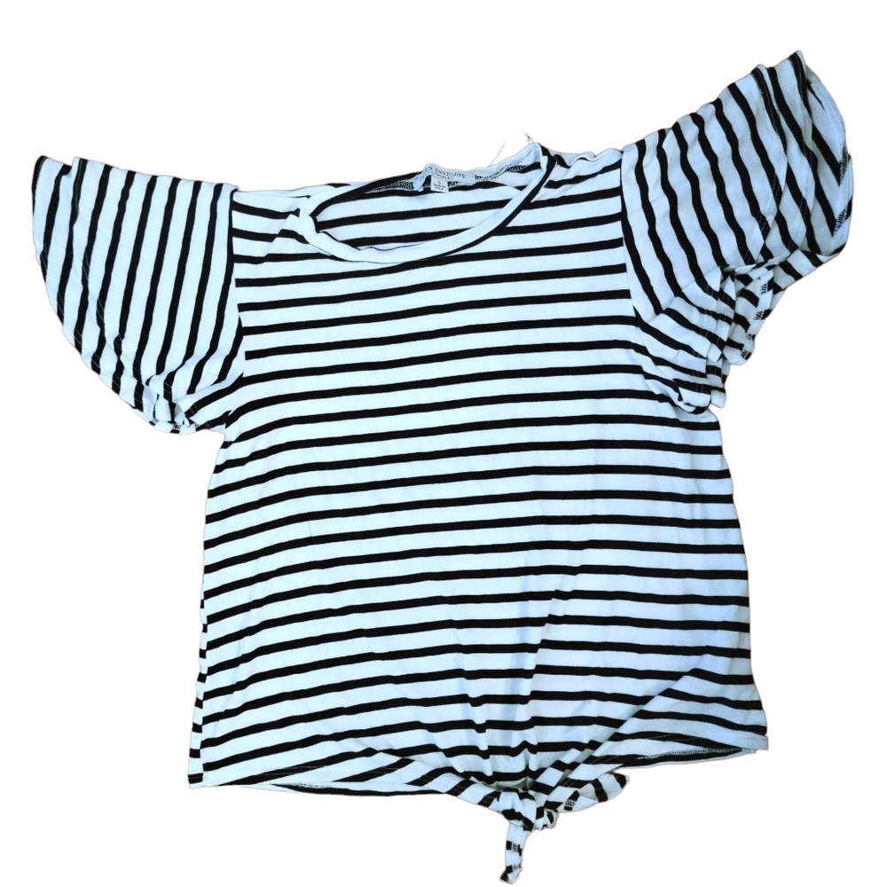 Green Envelope Womens White Navy Striped Short Flutter Sleeves Blouse Top Size S
